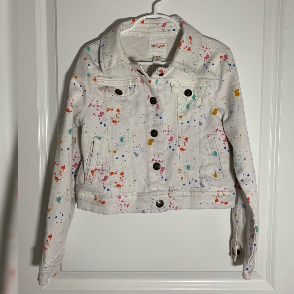 Girls cat and Jack paint splatter look Jean jacket size medium (7-8)